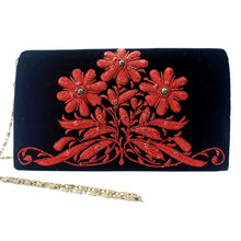 Load image into Gallery viewer, Luxury black velvet evening clutch bag embroidered with three red daisy flowers and embellished with genuine gemstones, floral wedding clutch, black and red zardozi purse.