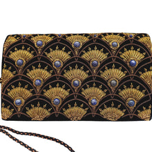 Load image into Gallery viewer, Luxury black velvet evening bag embroidered with copper fish scale pattern inlaid with lapis lazuli. 
