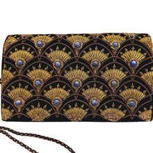 Load image into Gallery viewer, Art Deco inspired luxury black velvet evening clutch bag embroidered with peacock feather pattern or fish scale pattern in antique gold color and embellished with genuine lapis lazuli gemstones, formal clutch, black and gold zardozi purse.
