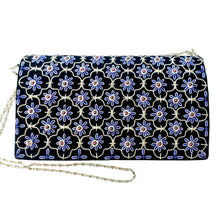 Load image into Gallery viewer, Luxury black velvet evening bag embroidered with quatrefoil pattern and metallic blue flowers with garnet gemstones, zardozi purse. 
