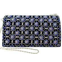 Load image into Gallery viewer, Luxury black velvet evening clutch bag embroidered with silver quatrefoil cloverleaf pattern and marine blue flowers and embellished with genuine garnet gemstones, floral wedding clutch, silver and black and blue zardozi purse.