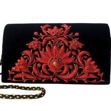 Load image into Gallery viewer, Black velvet luxury evening clutch bag embroidered with red flowers in a central triangular pattern and embellished with genuine semi precious gemstones, floral wedding clutch, black and red zardozi purse.