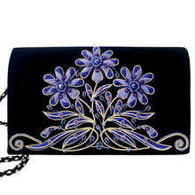 Load image into Gallery viewer, Luxury black velvet evening clutch bag embroidered with three blue daisy flowers and embellished with genuine lapis lazuli and garnet gemstones, floral wedding clutch, black and blue zardozi purse.