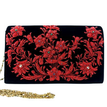 Load image into Gallery viewer, Black velvet luxury designer evening clutch bag embroidered with red flowers and embellished with genuine gemstones, floral wedding clutch, black red zardozi purse.