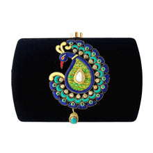 Load image into Gallery viewer, Luxury black velvet hardcase clutch embroidered with colorful peacock and embellished with moonstone and turquoise stone.