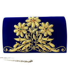 Load image into Gallery viewer, Luxury blue velvet handbag embroidered with gold daisy flowers, zardozi purse. 
