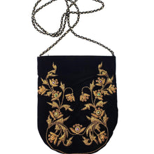 Load image into Gallery viewer, Luxury brown velvet crossbody bag hand embroidered with antique gold metallic flowers and vines and embellished with semi precious stones, zardozi purse BoutiqueByMariam.
