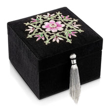 Load image into Gallery viewer, Luxury handmade black silk jewelry box embroidered with red flower and ruby gemstone. 
