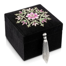 Load image into Gallery viewer, Luxury handmade black silk jewelry box embroidered with red flower and ruby gemstone.