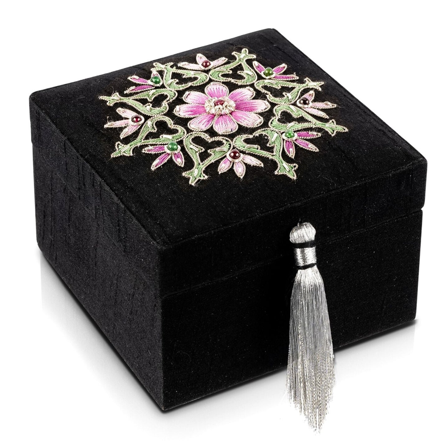 Luxury handmade black silk jewelry box embroidered with red flower and ruby gemstone. 