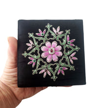 Load image into Gallery viewer, Luxury handmade small jewelry storage box embroidered with lavender flower and inlaid with ruby gemstone.
