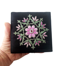 Load image into Gallery viewer, Luxury handmade small jewelry storage box embroidered with lavender flower and inlaid with ruby gemstone.