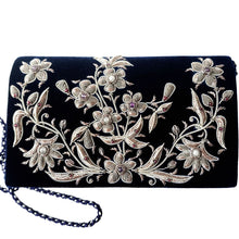 Load image into Gallery viewer, Navy blue velvet luxury designer evening clutch bag embroidered with antique silver flowers and embellished with genuine gemstones, wedding clutch, black and silver zardozi purse.