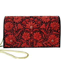 Load image into Gallery viewer, Luxury red metallic clutch bag embroidered with ruby gemstones.