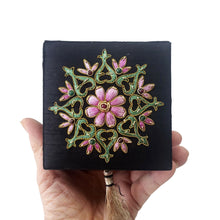 Load image into Gallery viewer, Luxury small handmade keepsake box embroidered with pink flower and ruby gemstone.