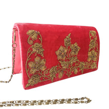 Load image into Gallery viewer, Side view of luxury washed red velvet clutch bag embroidered with three columns of flowers in antique  gold color and embellished with genuine gemstones, pink floral wedding clutch, gold and pink zardozi purse.