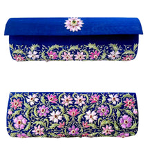 Load image into Gallery viewer, Marine-blue-silk-barrel-clutch-embroidered-front-and-back-with-lavender-flowers-and-embellished-with-rubies-and-emerald-gemstone.