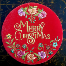Load image into Gallery viewer, Red velvet gift box embroidered with silk flowers and metallic gold Merry Christmas BoutiqueByMariam.