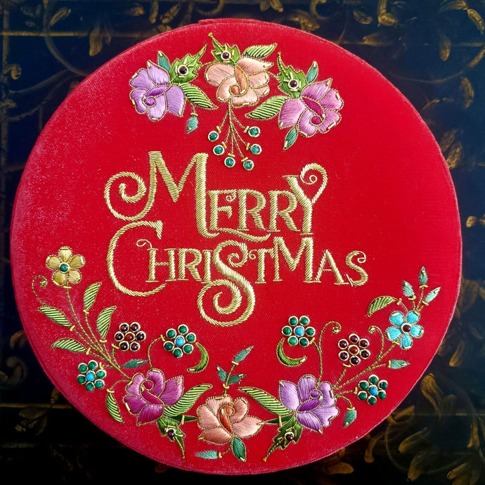 Red velvet gift box embroidered with silk flowers and metallic gold Merry Christmas BoutiqueByMariam.