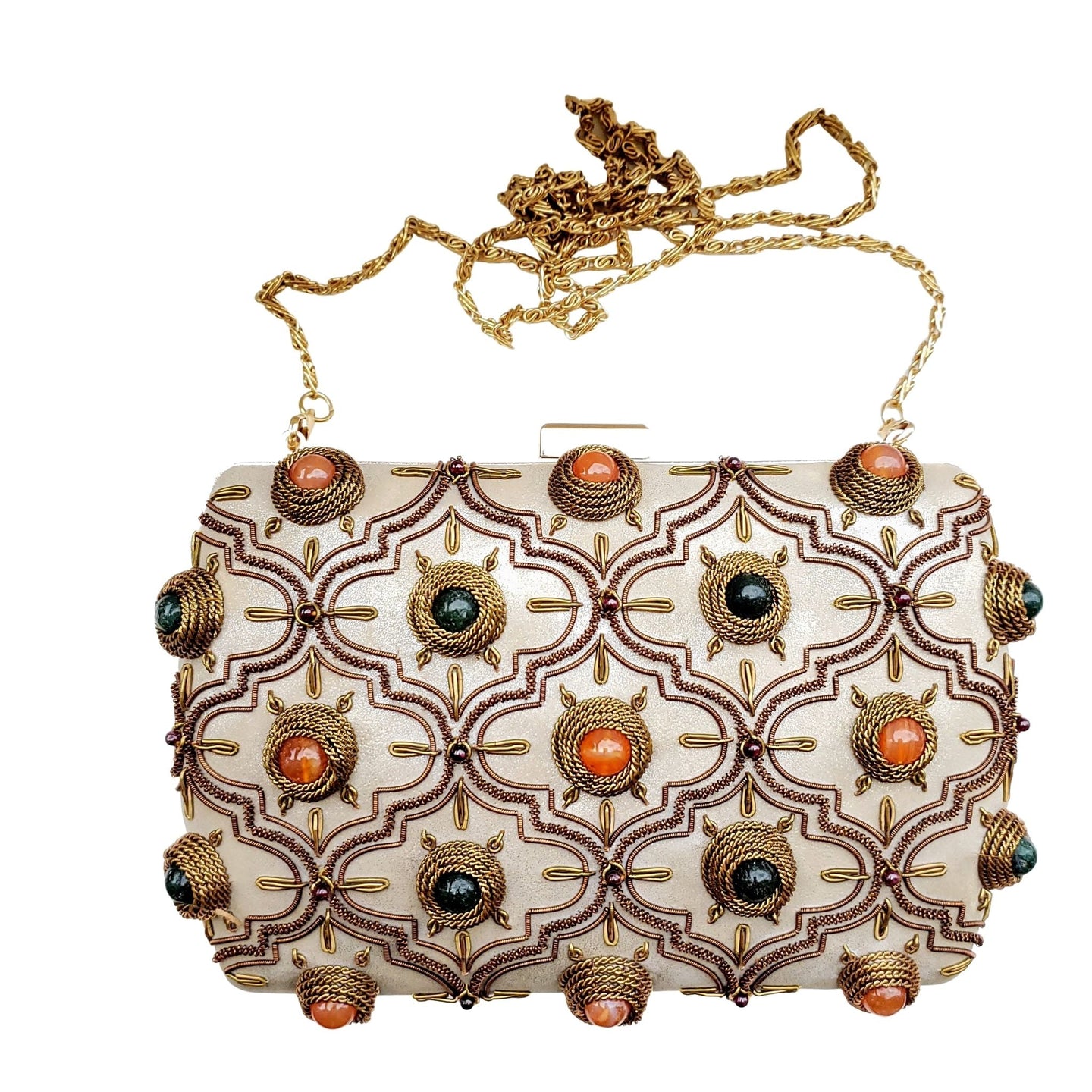 Moroccan style embroidered hard case box clutch embellished with jade and carnelian gemstones. 