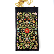Load image into Gallery viewer, Multicolor floral elmbroidered black silk crossbody phone sleeve, phone pouch, BoutiqueByMariam.