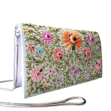 Load image into Gallery viewer, Multicolor floral embroidered handbag with orange lotus flower and rubies, side view, BoutiqueByMariam.