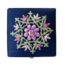 Load image into Gallery viewer, Navy blue small keepsake box embroidered with purple flower BoutiquebyMariam.