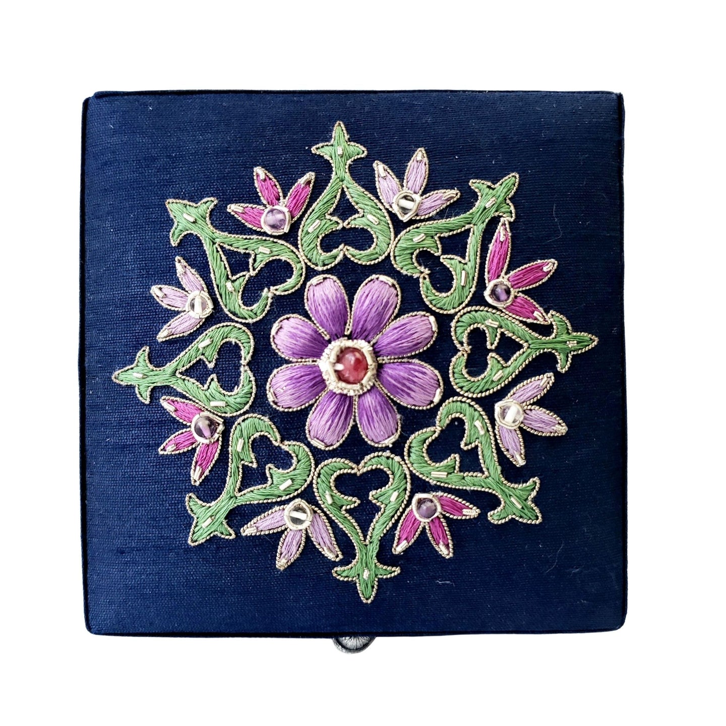 Navy blue small keepsake box embroidered with purple flower BoutiquebyMariam.