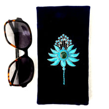 Load image into Gallery viewer, Luxury navy blue velvet phone sleeve or eye glasses case embroidered with blue silk flower and embellished with turquoise stones,.
