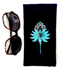 Load image into Gallery viewer, Luxury navy blue velvet phone sleeve or eye glasses case embroidered with blue silk flower and embellished with turquoise stones,.