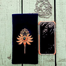 Load image into Gallery viewer, Luxury blue velvet crossbody soft phone case hand embroidered with orange flower and inlaid with onyx and garnets, zardozi purse.
