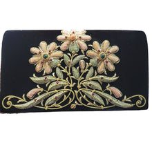 Load image into Gallery viewer, Luxury black velvet evening clutch bag embroidered with three daisy flowers in pastel orange color and embellished with genuine gemstones, floral wedding purse, black and orange zardozi purse.