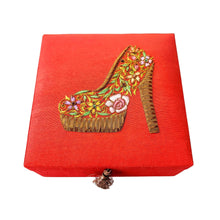 Load image into Gallery viewer, Orange silk decorative box embroidered with womens high heel shoe BoutiqueByMariam.