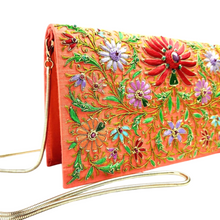 Load image into Gallery viewer, Orange silk floral handbag, side view, BoutiqueByMariam.
