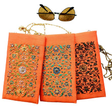 Load image into Gallery viewer, Orange silk hand embroidered floral soft eyeglasses case, sunglasses case, with chain.