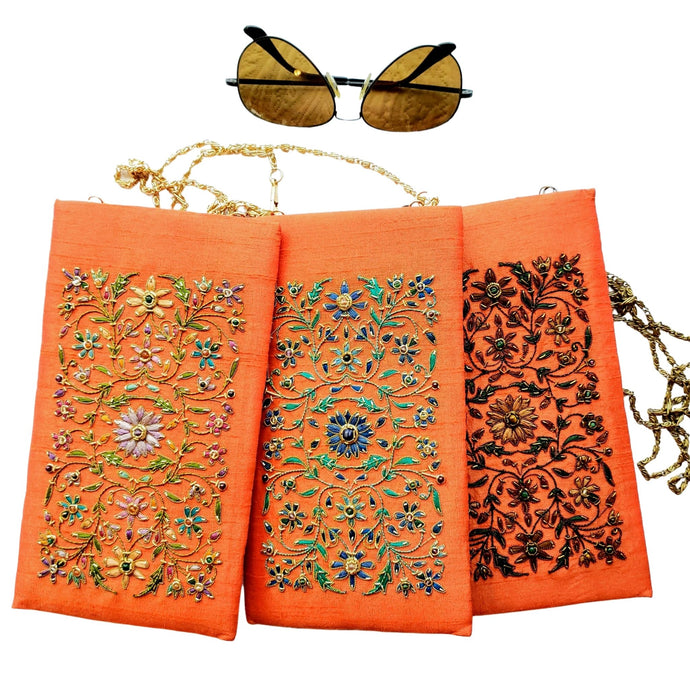 Orange silk hand embroidered floral soft eyeglasses case, sunglasses case, with chain. 