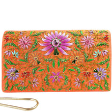 Load image into Gallery viewer, Orange silk handbag embroidered with purple pink lotus flower and ruby gemstones BoutiqueByMariam.