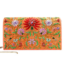 Load image into Gallery viewer, Orange silk handbag embroidered with red lotus flower and ruby gemstones BoutiqueByMariam.
