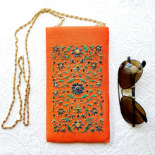 Load image into Gallery viewer, Orange silk slim crossbody bag hand embroidered with blue flowers with chain.
