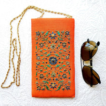 Load image into Gallery viewer, Orange silk slim crossbody bag hand embroidered with blue flowers with chain.