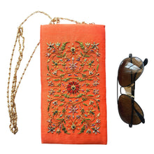 Load image into Gallery viewer, Orange silk soft sunglasses case eyeglasses case hand embroidered with red flowers.
