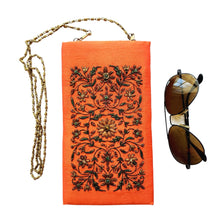 Load image into Gallery viewer, Orange soft eyeglasses case, sunglasses case, hand embroidered with brown flowers, zardozi purse.