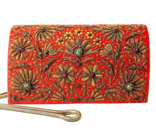 Load image into Gallery viewer, Orange velvet clutch bag with copper flowers BoutiqueByMariam.

