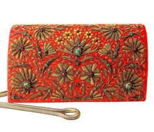 Load image into Gallery viewer, Orange velvet clutch bag with copper flowers BoutiqueByMariam.