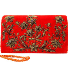 Load image into Gallery viewer, Orange velvet luxury designer evening clutch bag embroidered with antique gold flowers and embellished with genuine gemstones, wedding clutch, orange and gold zardozi purse.