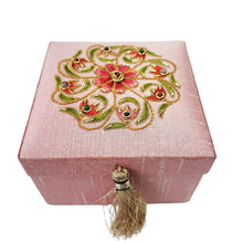 Load image into Gallery viewer, Pink bridesmaid gift box embroidered with coral colored flower and gemstones BoutiquebyMariam.
