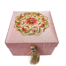 Load image into Gallery viewer, Pink bridesmaid gift box embroidered with coral colored flower and gemstones BoutiquebyMariam.