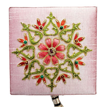 Load image into Gallery viewer, Pink gift box embroidered with coral flower, close up view, BoutiqueByMariam.