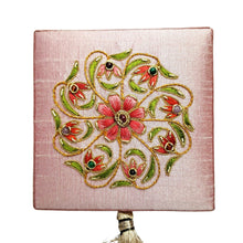 Load image into Gallery viewer, Pink jewelry box embroidered with coral colored flower and gemstones BoutiqueByMariam.