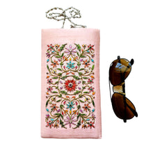 Load image into Gallery viewer, Pink silk soft eyeglasses case, sunglasses case, hand embroidered with multicolor flowers.